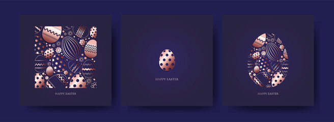 Set of Easter cards. Premium design.  Eggs in rose gold color on a dark blue background. Vector illustration - obrazy, fototapety, plakaty