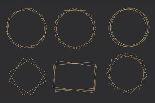 Set elegant golden thin line frames different shapes on the dark background. Perfect border design for headline, text decor and sale banner. Vector