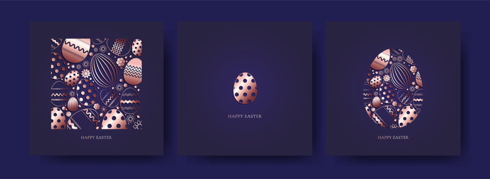 Set of Easter cards. Premium design.  Eggs in rose gold color on a dark blue background. Vector illustration
