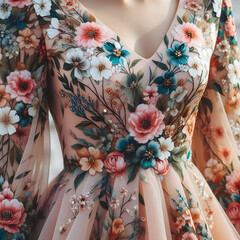A floral dress with a colorful and elegant design, woman, dress, fashion, market, clothing, illustration, Ai generated 