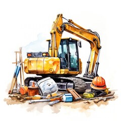 Illustration of a construction vehicle with a yellow excavator