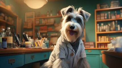 A furry veterinarian in a veterinary clinic or pharmacy.