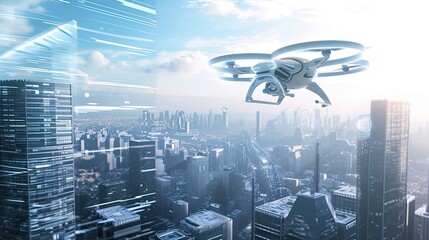 Drone flies over the city in cyberpunk style icon. Antidesign, roofs of houses, propellers, quadcopter, camera, flight, fog, skyscrapers, technology, gadget, video shooting, footage. Generated by AI - obrazy, fototapety, plakaty