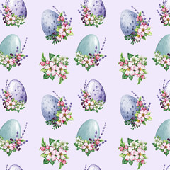 Easter painted eggs with spring floral decor seamless pattern. Watercolor illustration. Hand drawn festive traditional colored egg decor with tender garden flowers, lavender. Easter seamless pattern