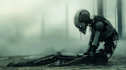 Dream like solitude captured through the simple carcass of a robot surrounded by unimaginable technology in full HD