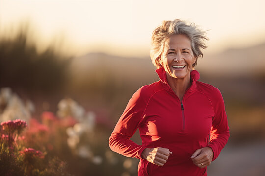 Senior woman going for run and living healthy lifestyle for longevity. Sports, running, active lifestyle. Elderly active people.