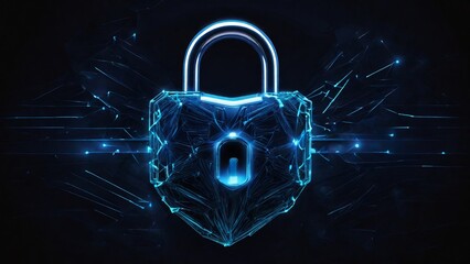 Futuristic 3d security lock made of linear polygons with neon lights on dark blue background. Modern business It, online, cyber safety and protect concept. - obrazy, fototapety, plakaty