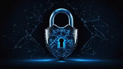 Fotobehang Futuristic 3d security lock made of linear polygons with neon lights on dark blue background. Modern business It, online, cyber safety and protect concept. © Анастасия Комарова