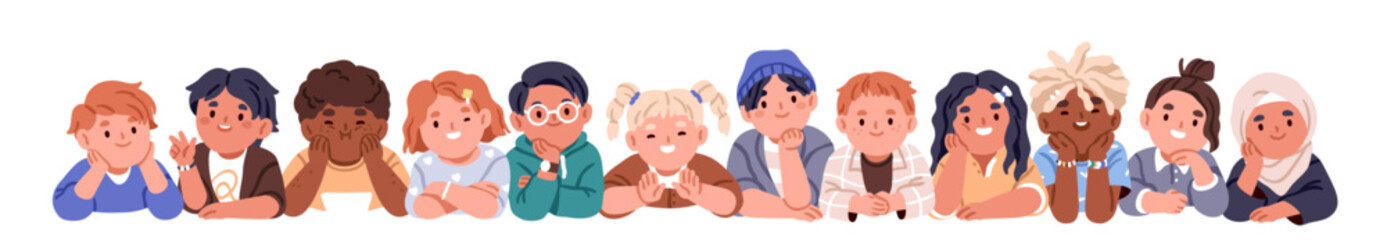 Happy kids lying together. Cute smiling children laying in row, leaning on hands and chin. Diverse multiethnic little boys and girls characters. Flat vector illustration isolated on white background