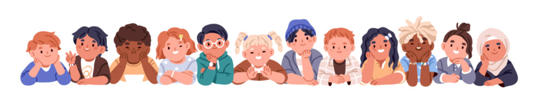 Naklejki Happy kids lying together. Cute smiling children laying in row, leaning on hands and chin. Diverse multiethnic little boys and girls characters. Flat vector illustration isolated on white background