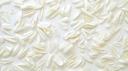 White scattered daisy petals on simple white background aesthetic flat lay top view.