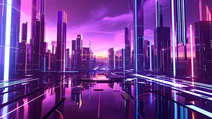 Fotobehang Abstract neon city icon. Dynamic, cityscape, neon lights, colors, pulsating energy, urban nightlife, visual experience, visitors, downtown. Generated by AI © Кирилл Макаров
