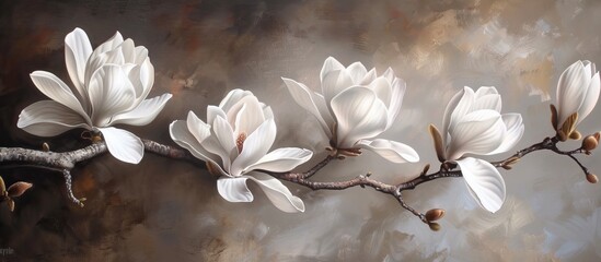 A painting depicting white magnolia flowers blooming on a branch. The delicate petals are in full bloom, showcasing the beauty of nature.