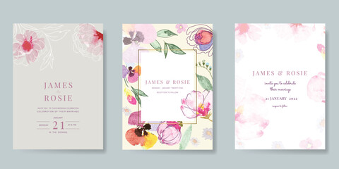 Fototapeta na wymiar Pink Summer Flower Wedding Invitation set, floral invite thank you, rsvp modern card Design with cute watercolor flower decoration
