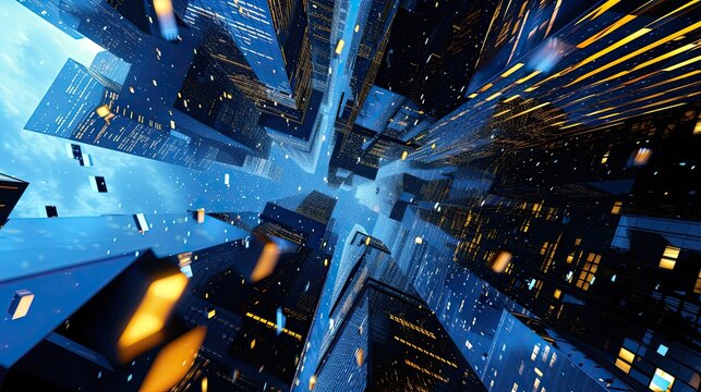 Abstract cityscape with dramatic perspective icon. Perspective, cityscape, skyscrapers, urban landmarks, majestic beauty, downtown, metropolis,. Generated by AI