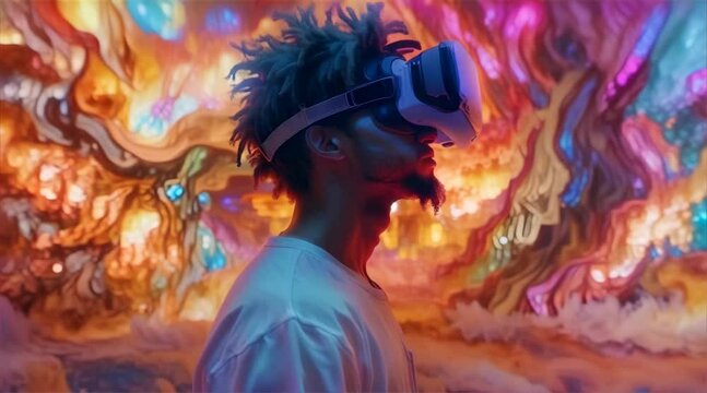 A boy wearing VR headset user, surreal world and virtual reality, colorful flowers fields. Generative AI