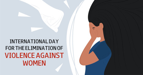 International Day for the Elimination of Violence Against Women. Upset girl or woman covered her face. Stop the violence. Mental health concept.