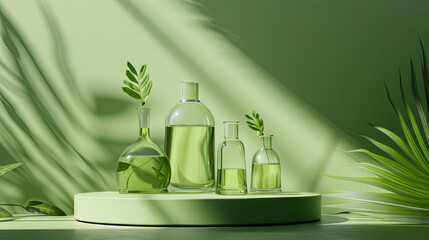 Green chemistry. flasks with solutions, plants background