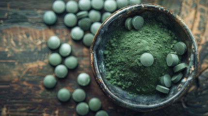 Fresh spirulina powder and drugs from it on wooden background, superfood concept - obrazy, fototapety, plakaty