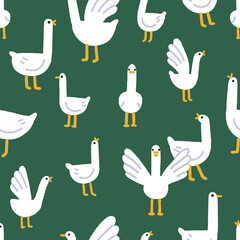 Goose pattern. Cute geese, seamless background. Farm birds, funny goslings, endless texture. Repeating countryside print for fabric, textile, wrapping design. Kids childs flat vector illustration - 746367745