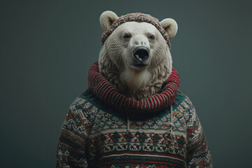 Bear wearing a cozy cardigan and knit hat against a muted dark green studio background