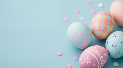 Fototapeta na wymiar pastel pink blue colors Easter Eggs on side border over blue banner background. Copy space, top view