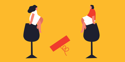 Young man and woman holding huge glass of wine. Wine lover concept. Funny colored typography poster. Vector