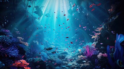 Fototapeta na wymiar Abstract underwater landscape icon. Glowing, marine biology, deep sea magic, nocturnal creatures, surreal beauty, underwater photography. Generated by AI