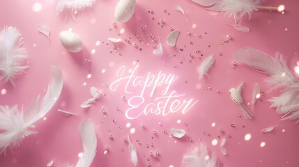 Fototapeta na wymiar Happy Easter - calligraphy lettering on pink background with Easter eggs and feathers