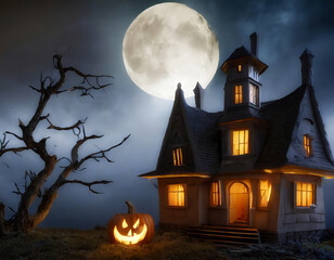 Fototapeta na wymiar Halloween background with haunted house, pumpkins, moon and bats