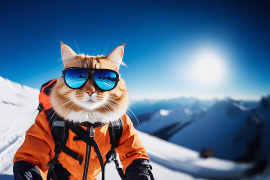 Cool cute cat in a mountain-skiing suit and sunglasses on beautiful snowy mountains background. Extreme travel concept