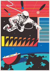 Abstract Space Poster. Astronaut in Outer Space, Earth Globe, Perspective Grid, Geometric Background