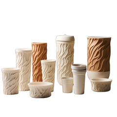Showcase the potential of biodegradable materials through 3D-printed products like cups, utensils, or containers png / transparent