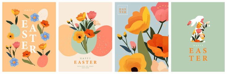 Happy Easter Set of greeting cards, posters, holiday covers. Trendy design with typography, spring hand drawn flowers, dots, eggs and bunny in pastel colors. Modern art minimalist style.