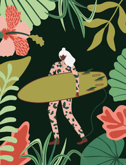Fototapeta na wymiar Surfer girl character in Neoprene in jungle forest. Summer beach surfing background. Vector illustration for cover, postcard, t shirt, poster.
