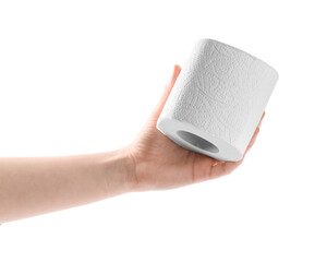Woman holding toilet paper roll on white background, closeup