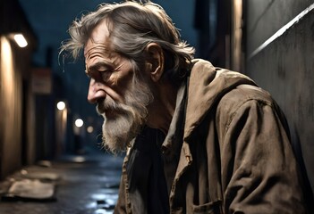 a sad caucasian homeless senior man in a dark city alley at night - obrazy, fototapety, plakaty