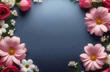 Banner for the International Women's Day. Flyer for March 8. Mock up. place for text. creative arts piece featuring a frame of pink and white flowers on a vibrant blue background