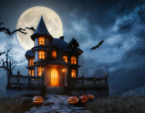 Halloween background with haunted house, pumpkins, moon and bats at a misty night