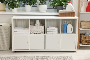 Laundry room interior with detergents and furniture