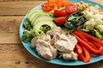 Balanced diet and healthy foods. Plate with different delicious products on wooden table, closeup