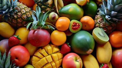 Fruit buffet icon. Sweetness, vitamins, freshness, taste, grapefruit, apples, pineapple, mango, passion fruit, citrus, banana, watermelon, raspberry. Generated by AI - obrazy, fototapety, plakaty