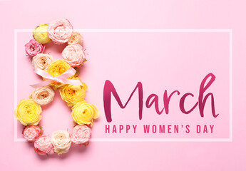 8 March - Happy International Women's Day. Greeting card design with different flowers on pink background, top view
