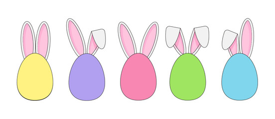 Colorful Easter eggs with bunny ears. Cute Easter sticker set. Vector  illustration in cartoon flat style isolated on a white background.	
