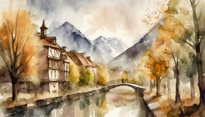 hand drawn watercolor painting of a traditional european village by the river. Houses, bridge, church and mountain around the village with autumn colors