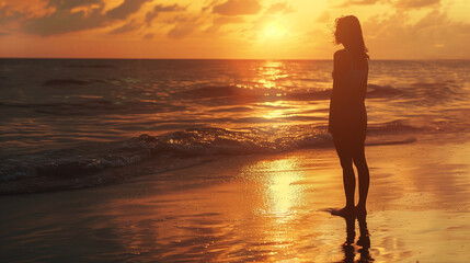 Contemplative Dusk: Silhouette of a Woman Standing Alone on the Beach, Reflecting in the Water Under a Vibrant Sunset Sky