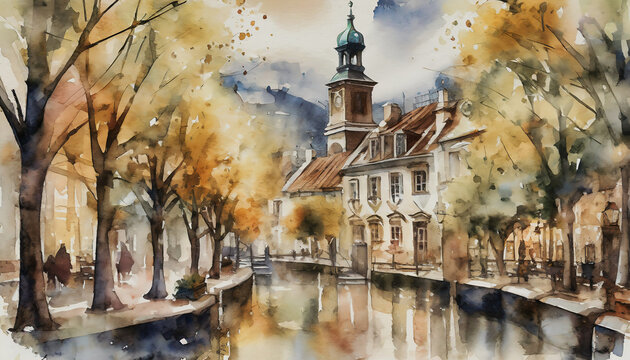 hand drawn watercolor painting of a traditional european village by the river. Houses, church and mountain around the village with autumn colors