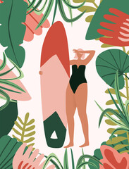 Woman surfer in retro bikini in jungle forest. Summer beach surfing background. Vector illustration for cover, postcard, t shirt, poster.
