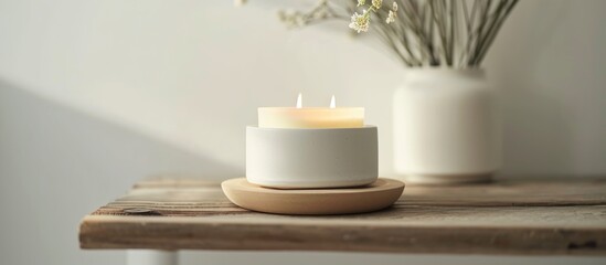 Obraz na płótnie Canvas Unbranded ceramic candle with home fragrances for relaxation and calm, featuring a floral scent on a wooden rack, viewed from the top.
