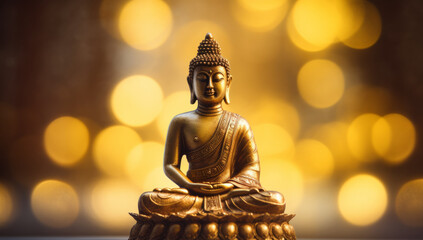 A serene Buddha statue aglow with warm bokeh lights creates a peaceful ambiance.